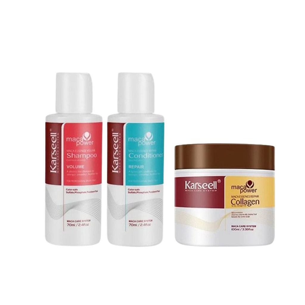 Karseell Maca Power Set de Viaje Mascarilla Capilar 100 ml + Champú Para Volumen 70 ml + Acondicionador Reparador 70 ml